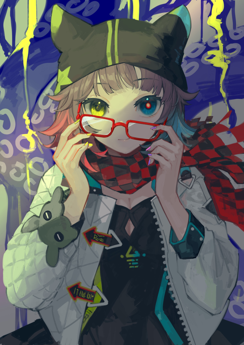 1girl absurdres arknights black_dress black_headwear black_scarf blue_eyes blue_hair breasts checkered_clothes checkered_scarf cleavage commentary deepcolor_(arknights) dress glasses gradient_hair graffiti hat heterochromia highres jacket long_sleeves medium_breasts miike_(992058) mismatched_pupils multicolored_hair multicolored_nails nail_polish open_clothes open_jacket outdoors purple_hair purple_nails red_hair red_scarf removing_eyewear scarf solo tentacles upper_body wall white_jacket yellow_eyes yellow_nails
