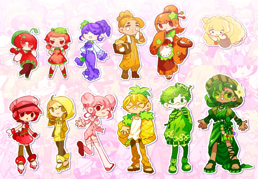 1other 4boys 6+girls brown_thighhighs cherry closed_mouth cloud commentary dress food food-themed_clothes food-themed_hair_ornament food_print fruit fuji_den_fujiko glasses grapes green_hair green_pantyhose hair_ornament highres jacket looking_at_viewer maid mandarin_orange multicolored_hair multiple_boys multiple_girls one_eye_closed open_mouth orange_(fruit) pants pantyhose personification pineapple pineapple_print purple_skirt shirt skirt smile standing strawberry streaked_hair striped striped_dress suika_game thighhighs topknot wa_maid watermelon_print white_shirt yellow_jacket yellow_pants