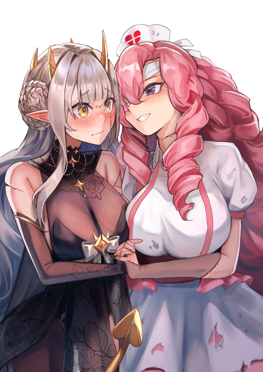 2girls absurdres black_dress blush breasts commission demon_girl demon_horns demon_tail dress drill_hair grey_hair grin hakusyokuto hat highres holding_hands horns large_breasts long_hair looking_at_another mole mole_under_eye multiple_girls nose_blush nurse nurse_cap pink_hair pointy_ears puffy_short_sleeves puffy_sleeves purple_eyes short_sleeves skeb_commission smile stitched_arm stitched_neck stitches tail torn_clothes torn_dress twin_drills undead white_dress white_headwear yellow_eyes yuri zombie