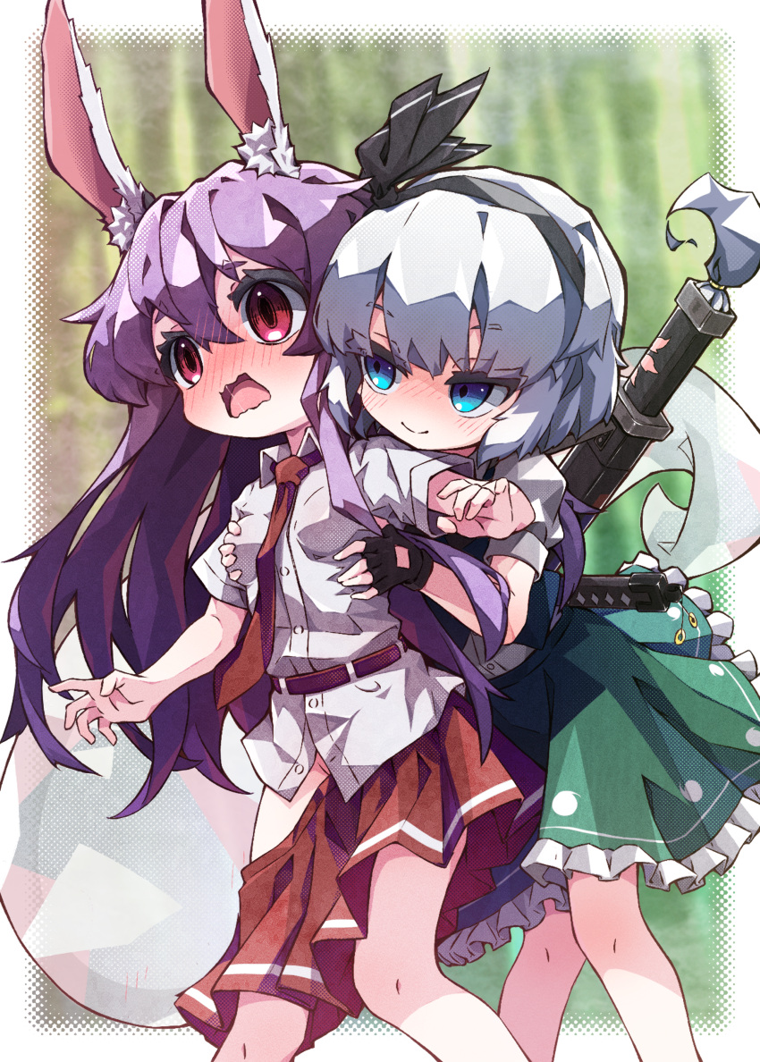 2girls absurdres animal_ears black_gloves blue_eyes blush buttons closed_mouth collared_shirt fingerless_gloves gloves green_skirt green_vest grey_hair hair_between_eyes highres hitodama katana konpaku_youmu konpaku_youmu_(ghost) long_hair mr.turtle_head multiple_girls necktie open_mouth pleated_skirt purple_hair rabbit_ears red_eyes red_necktie red_skirt reisen_udongein_inaba sheath sheathed shirt short_hair short_sleeves skirt smile sword touhou vest weapon white_shirt