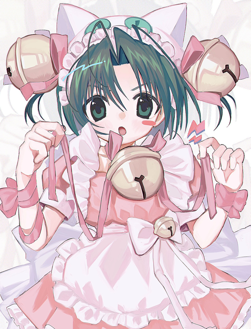 1girl alternate_costume animal_hat apron arm_ribbon back_bow bell blush blush_stickers bow cat_hat dejiko di_gi_charat dress frilled_apron frilled_dress frills furrowed_brow green_eyes green_hair hair_bell hair_intakes hair_ornament hair_ribbon hat highres holding holding_ribbon jingle_bell maid_apron maid_headdress open_mouth pepeppepe101 pink_dress pink_ribbon puffy_short_sleeves puffy_sleeves ribbon short_hair short_sleeves simple_background solo white_bow wrist_ribbon