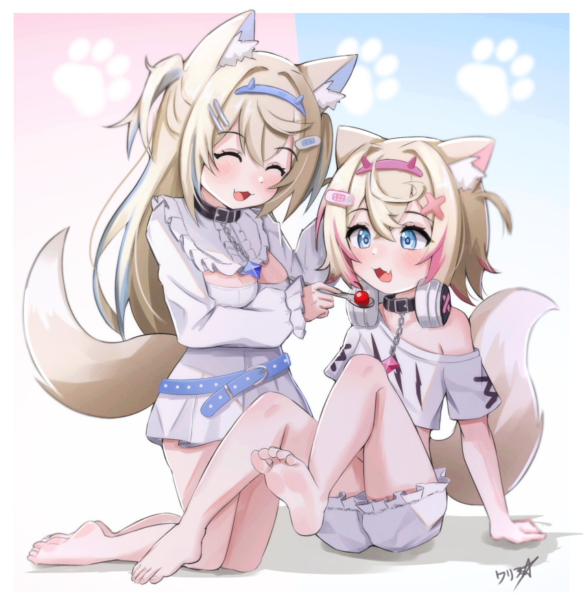 2girls :3 ^_^ absurdres animal_ear_fluff animal_ears arm_support bandaid_hair_ornament bare_legs barefoot belt belt_collar black_collar blonde_hair blue_belt blue_eyes blue_hair blue_hairband blush boppin breasts chain cleavage_cutout closed_eyes clothing_cutout collar commentary cropped_shirt crossed_bangs dog_ears dog_girl dog_tail dress fake_horns fang feeding feet flat_chest frilled_shorts frills full_body fuwawa_abyssgard hair_between_eyes hair_ornament hairband hairclip headphones headphones_around_neck highres holding holding_spoon hololive hololive_english horns kneeling knees_up legs long_hair long_sleeves medium_breasts mococo_abyssgard multicolored_hair multiple_girls off-shoulder_shirt off_shoulder open_mouth pink_hair pink_hairband puffy_long_sleeves puffy_sleeves shirt short_dress short_hair short_shorts short_sleeves shorts siblings single_bare_shoulder sisters sitting skin_fang soles spoon streaked_hair tail toes twins two_side_up virtual_youtuber white_dress white_shirt white_shorts