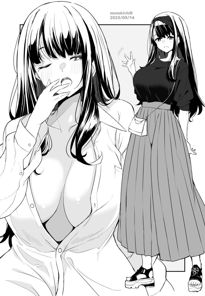 1girl artist_name blush breasts cleavage collarbone commentary_request dated grey_background hairband highres kichihachi large_breasts long_hair mole mole_under_eye multiple_views one_eye_closed open_mouth original sandals shirt skirt standing toes two-tone_background white_background