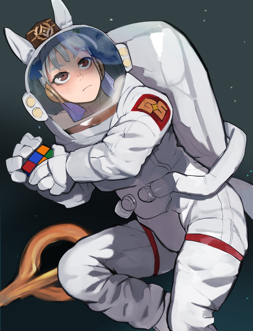 1girl alternate_costume astronaut black_hole blunt_bangs brown_eyes brown_headwear closed_mouth commentary_request commission expressionless feet_out_of_frame gold_ship_(umamusume) grey_hair highres horse_girl long_hair looking_afar medium_bangs pillbox_hat raichiyo rubik's_cube skeb_commission solo space space_helmet spacesuit star_(sky) umamusume
