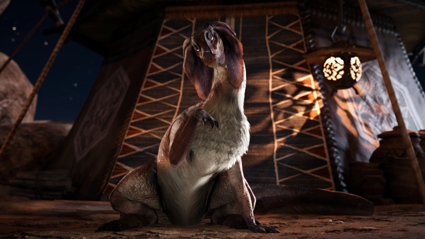 16:9 3d_(artwork) 4k absurd_res bird_wyvern camp camping_tent capcom chest_tuft claws detailed_background digital_media_(artwork) dinosaur female female_(lore) feral floppy_ears fluffy fluffy_chest frill_(anatomy) fur glowing glowing_eyes half-closed_eyes hi_res ivorylagiacrus jaggi lamp long_snout looking_at_viewer membrane_(anatomy) membranous_frill monster_hunter multicolored_body multicolored_scales narrowed_eyes night on_ground orange_body orange_scales outside pupils purple_body purple_scales raised_arm red_eyes reptile scales scalie sitting sitting_on_ground slit_pupils snout solo spread_legs spreading tail tuft white_body white_fur white_scales widescreen