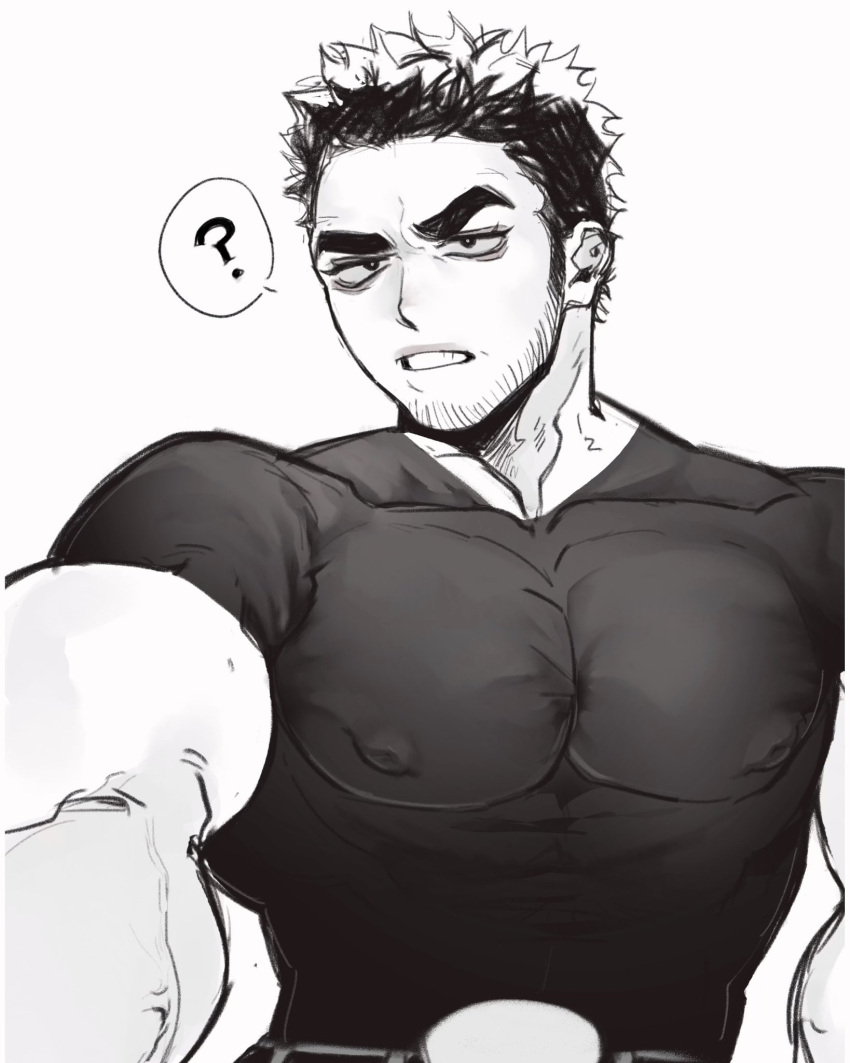 1boy ? alternate_pectoral_size bara beard_stubble black_hair covered_nipples cream_(creamsticl3) frown greyscale highres huge_eyebrows inverted_nipples lucas_lee male_focus monochrome muscular muscular_male outstretched_arm parted_lips pectorals scott_pilgrim_takes_off selfie shirt short_hair short_sleeves smile solo spoken_question_mark t-shirt taut_clothes taut_shirt upper_body