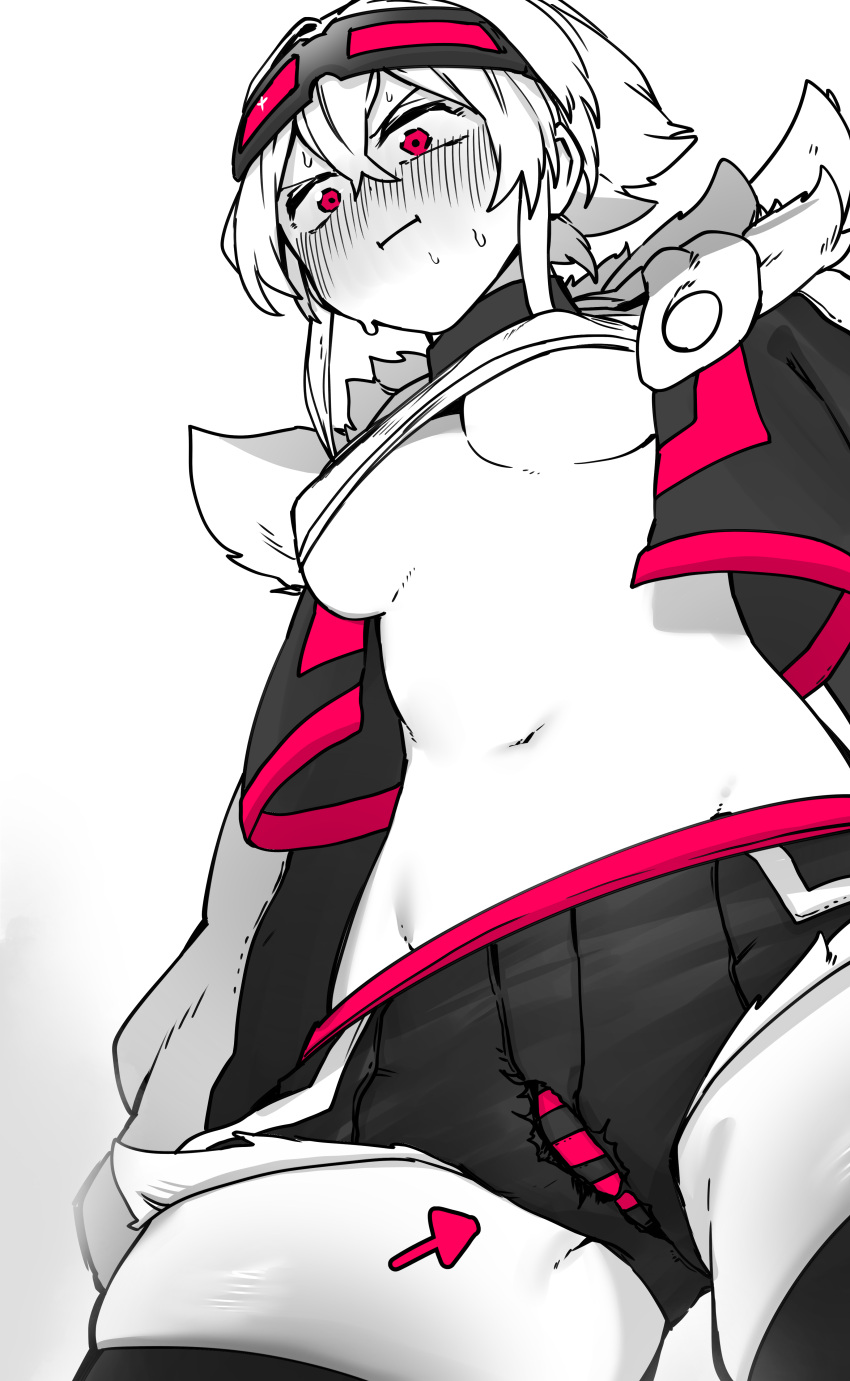 1girl absurdres arrow_(symbol) black_thighhighs blush breasts cowboy_shot cropped_jacket embarrassed goggles goggles_on_head greyscale highres kicking long_sleeves midriff monochrome motion_blur motion_lines navel niwamaru_(niwarhythm) niwarhythm original panties pants pink_eyes shiny_skin short_hair short_shorts shorts spot_color striped striped_panties sweat thick_thighs thighhighs thighs toned torn_clothes torn_pants underboob underwear white_background