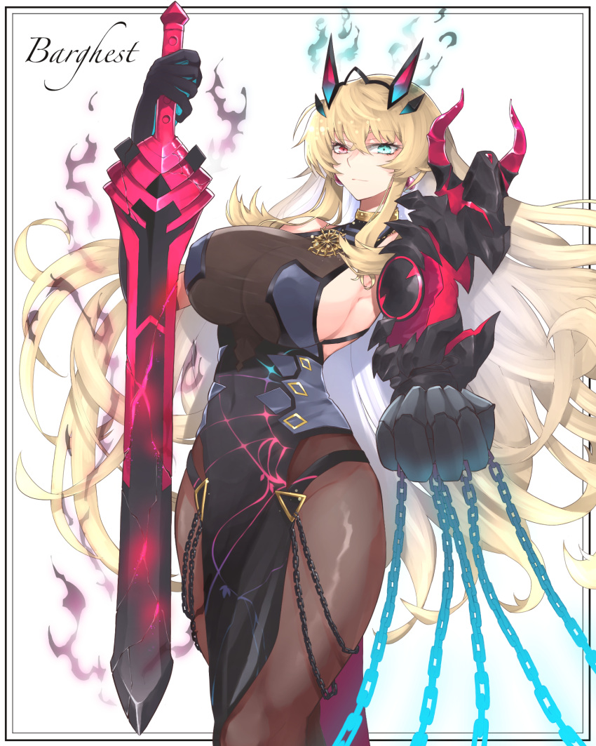 1girl barghest_(fate) barghest_(second_ascension)_(fate) black_dress blonde_hair breasts brown_pantyhose chain character_name dress fate/grand_order fate_(series) gauntlets green_eyes hazuki-a heterochromia highres holding holding_sword holding_weapon large_breasts long_hair pantyhose red_eyes single_gauntlet sword weapon