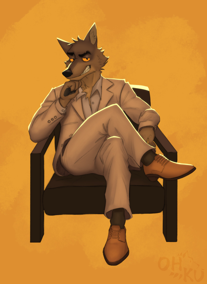 anthro bent_legs brown_body brown_fur canid canine canis chair clothed clothing crossed_legs dreamworks fur furniture hi_res leg_over_thigh looking_at_viewer male mammal mr._wolf_(the_bad_guys) simple_background sitting solo the_bad_guys unknown_artist wolf