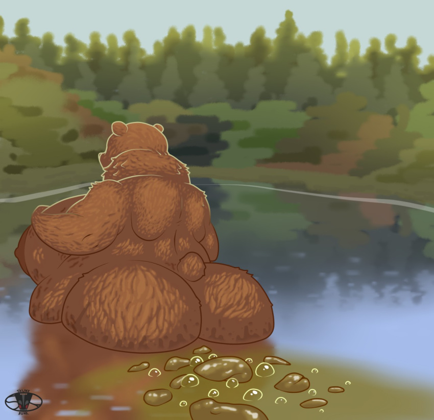 anthro bear big_butt brown_bear bubble butt casual_nudity day fart fart_bubbles fat_bear fat_belly feces female half_submerged hi_res lake light mammal nude obese obese_anthro obese_female overweight overweight_anthro overweight_female partially_submerged plant pooping scat scenery skunk_bunk small_tail solo standing_in_water sunlight tail tree ursine water