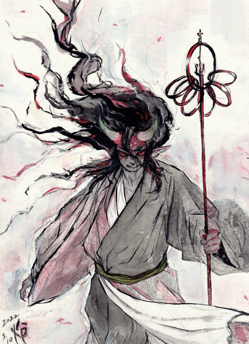 1boy absurdres angry black_hair closed_mouth cpctbepfk4l2gax cracked_skin dated demon_boy facial_mark fingernails floating_hair hair_between_eyes highres holding holding_staff horns japanese_clothes kimetsu_no_yaiba kimono long_fingernails long_hair long_sleeves looking_at_viewer multicolored_hair oni_horns partially_colored pointy_ears red_eyes red_hair sekido_(kimetsu_no_yaiba) shakujou sharp_fingernails simple_background solo staff streaked_hair traditional_media wide_sleeves