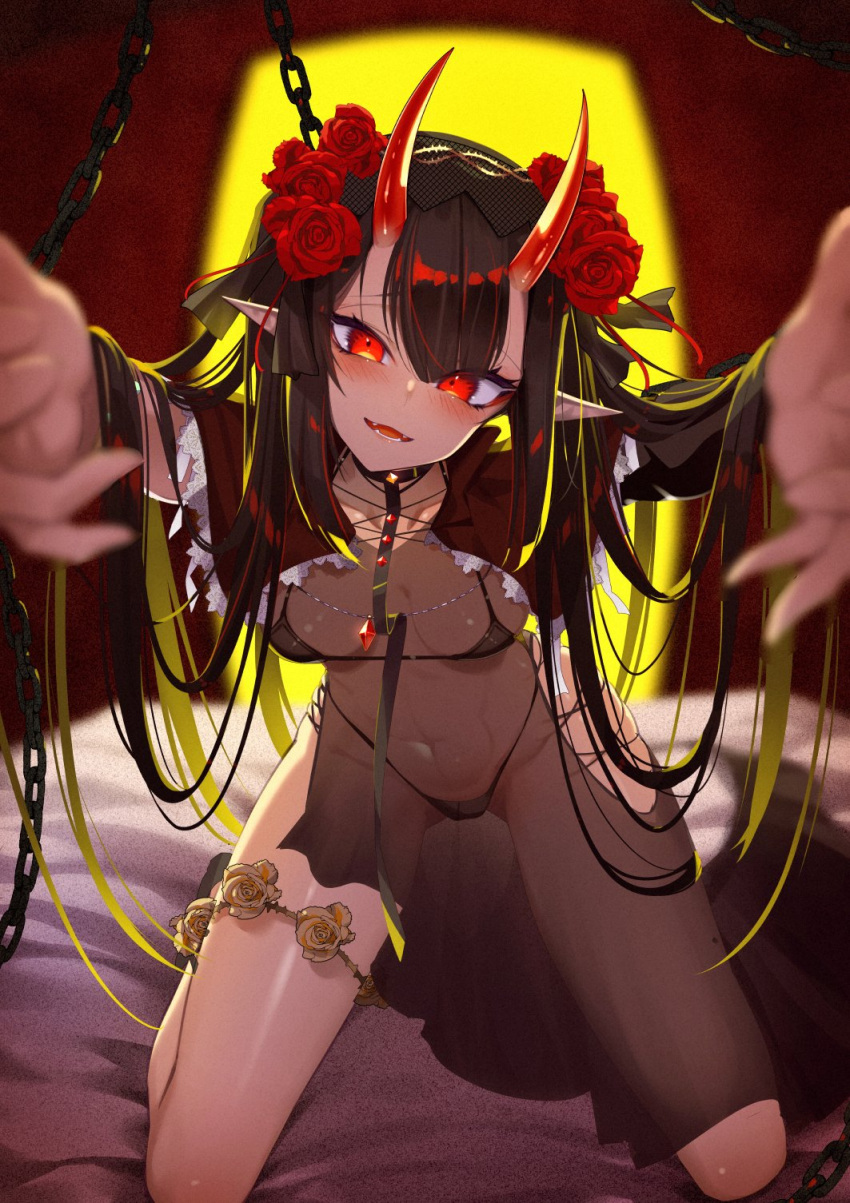 1girl bikini bikini_under_clothes black_bikini black_choker black_hair blurry blurry_background blurry_foreground blush breasts capelet chain choker cluseller dress fangs flower highleg highleg_bikini highres horns kneehighs long_hair looking_at_viewer navel oni_horns open_mouth original pointy_ears reaching reaching_towards_viewer red_eyes red_horns rose see-through see-through_dress small_breasts socks swimsuit thighlet toned