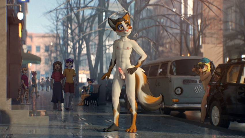 16:9 4k absurd_res anthro balls barefoot black_body black_fur black_hair blonde_hair bodily_fluids calico_cat car claws clothing domestic_cat dripping feet felid feline felis fur genital_fluids genitals group hair hat hat_only headgear headgear_only headwear headwear_only hi_res kotyami looking_at_another male male_focus mammal mostly_nude multicolored_body multicolored_fur muscular muscular_male navel nipples orange_body orange_fur outside paws penis plant precum precum_drip public public_nudity solo_focus street tail taking_picture tree vehicle white_body white_fur widescreen yellow_eyes