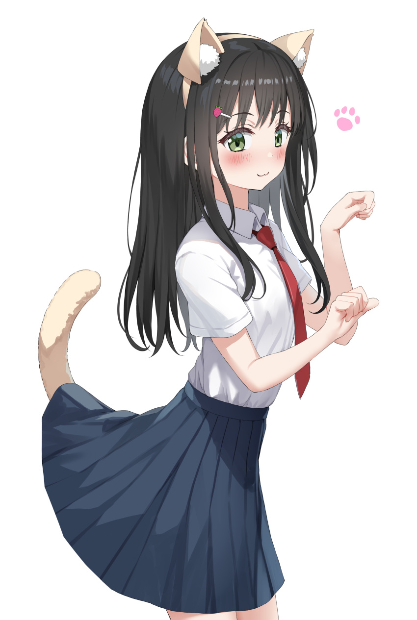 1girl :3 absurdres animal_ear_fluff animal_ears black_hair black_skirt blush brown_hairband cat_ears cat_tail closed_mouth collared_shirt fake_animal_ears food-themed_hair_ornament green_eyes hair_ornament hairband hairclip hands_up highres long_hair looking_at_viewer necktie nedia_(nedia_region) original paw_pose pleated_skirt red_necktie shirt short_sleeves simple_background skirt solo strawberry_hair_ornament tail very_long_hair white_background white_shirt