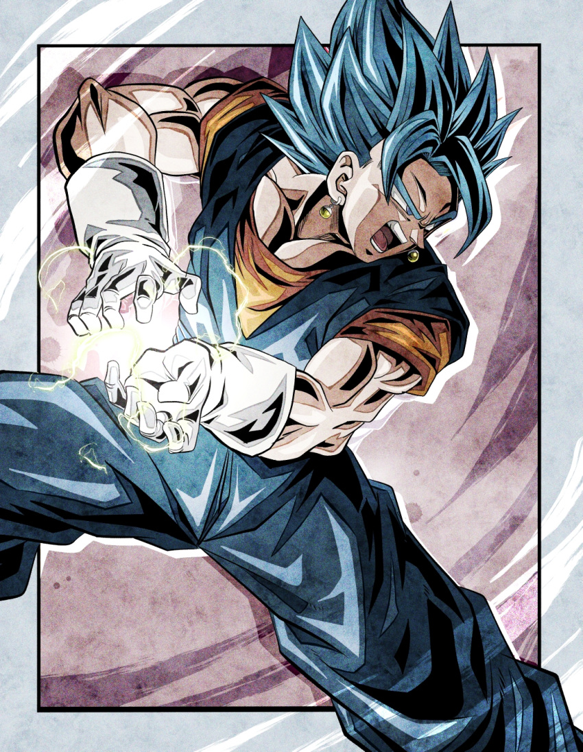 1boy angry biceps blue_eyes blue_hair blue_pants blue_sash border brown_background commentary_request dougi dragon_ball dragon_ball_super earrings energy energy_ball gloves grey_border highres jewelry kamehameha_(dragon_ball) male_focus muscular muscular_male open_mouth orange_shirt outside_border pants pectorals potara_earrings sash shirt short_sleeves simple_background solo spiked_hair standing super_saiyan super_saiyan_blue teeth tongue ushi_(akabec0) v-shaped_eyebrows vegetto white_gloves