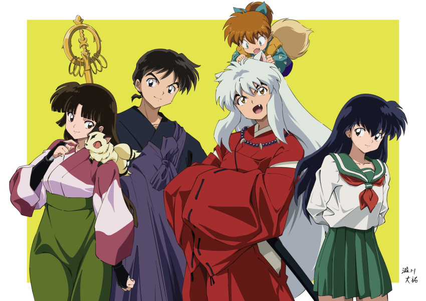 2girls 3boys anime_coloring arms_behind_back black_hair brown_hair closed_mouth cowboy_shot fang green_sailor_collar green_skirt hands_in_opposite_sleeves highres higurashi_kagome hime_cut inuyasha inuyasha_(character) japanese_clothes jewelry kirara_(inuyasha) long_hair looking_up miroku_(inuyasha) multiple_boys multiple_girls necklace on_head on_shoulder open_mouth pearl_necklace pleated_skirt sailor_collar sango_(inuyasha) school_uniform serafuku shibukawa_daisuke shippou_(inuyasha) signature simple_background skirt staff very_long_hair white_hair yellow_background