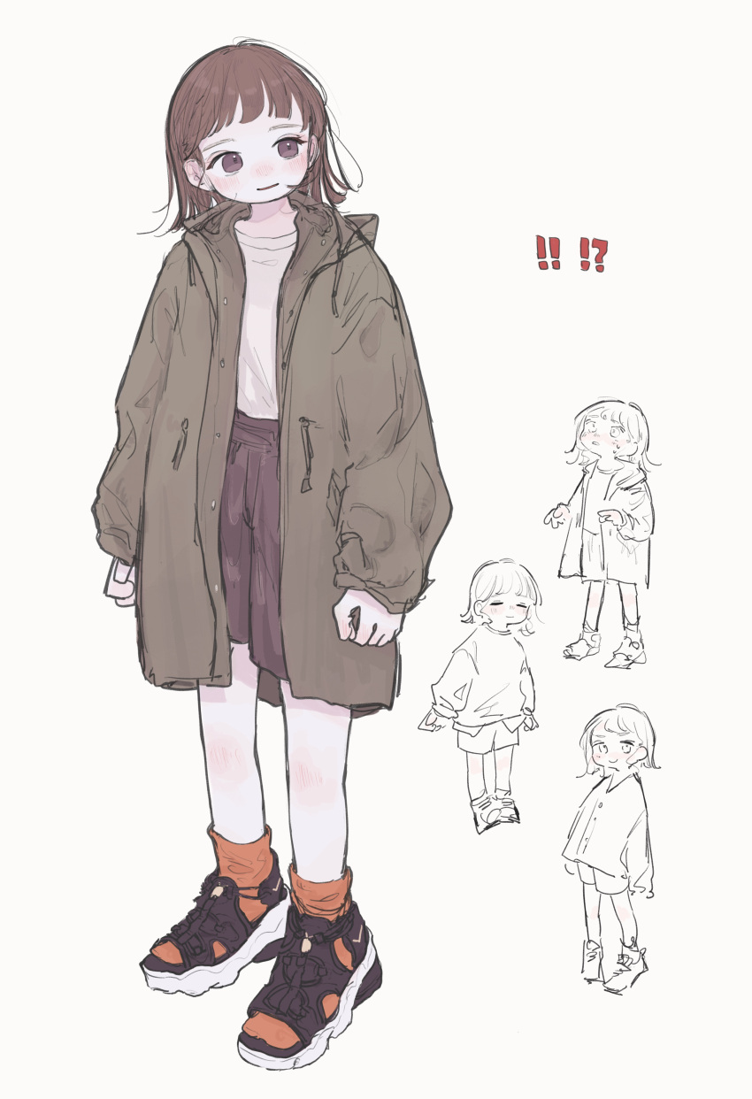 ! !! !? 1girl absurdres black_shorts brown_eyes brown_hair coat full_body grey_background highres long_sleeves multiple_views open_clothes open_coat orange_socks original parted_lips shirt shoes shorts simple_background smile sneakers socks standing sweat yunoki_itsugu