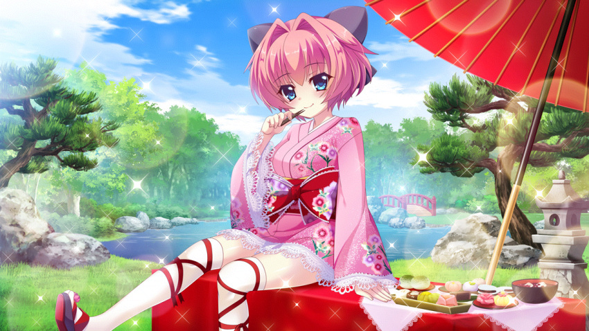 1girl architecture blue_eyes blue_sky boulder bow bowl bridge chopsticks cloud day dot_nose east_asian_architecture eating film_grain floral_print food furisode game_cg hair_bow hair_intakes hiiragi_kae holding holding_chopsticks izumi_tsubasu japanese_clothes kimono lace_trim large_bow leg_ribbon lens_flare looking_at_viewer non-web_source official_art oil-paper_umbrella on_bench outdoors outstretched_leg pink_hair pink_kimono plant_request pond purple_bow re:stage! red_bow red_footwear red_ribbon red_sash red_umbrella ribbon sash sitting sky smile solo sparkle stone_lantern thighhighs tree umbrella wagashi white_thighhighs white_trim zettai_ryouiki
