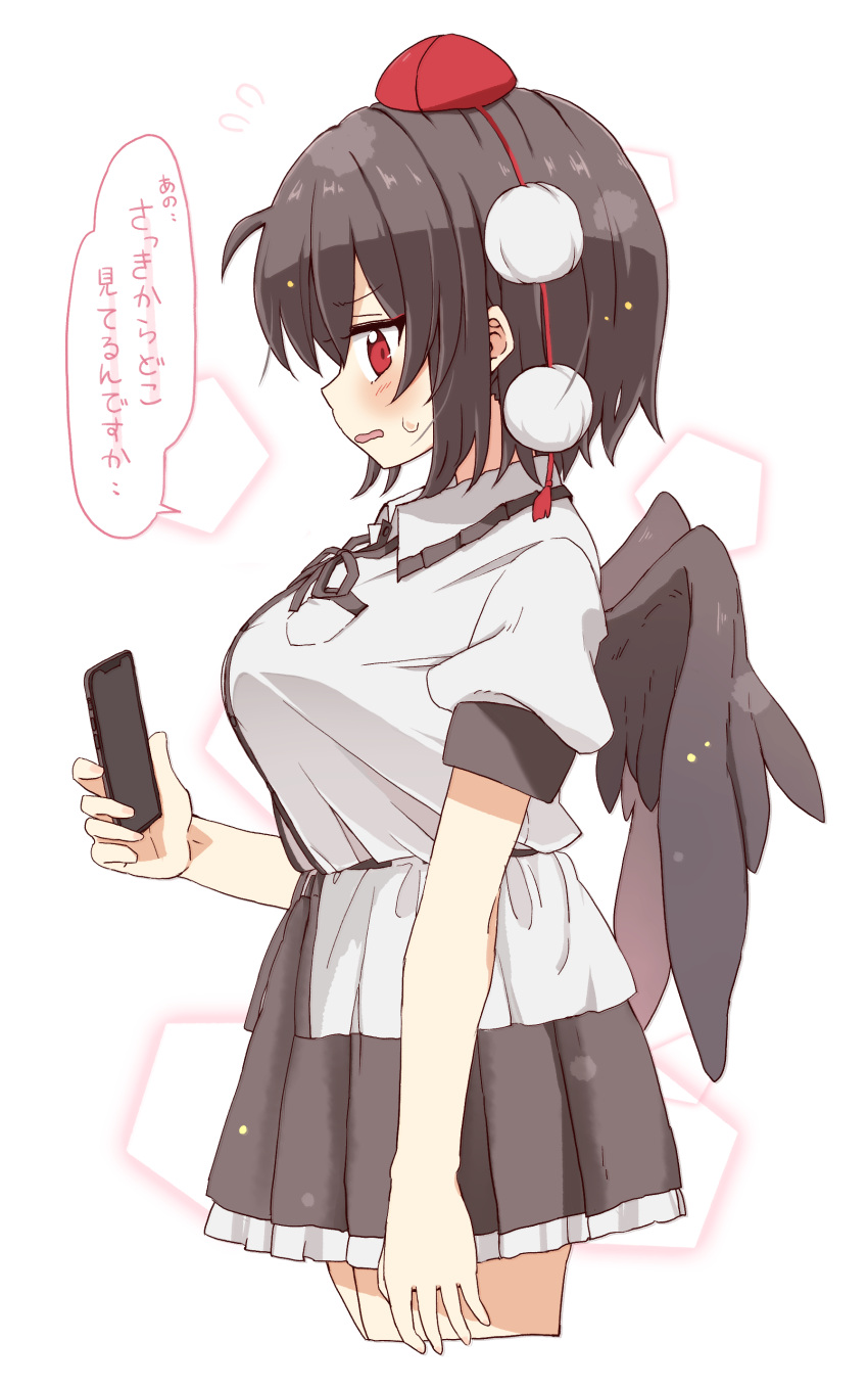 1girl absurdres black_hair black_ribbon black_skirt black_wings blush breasts cellphone collared_shirt cropped_legs dress_shirt feathered_wings flying_sweatdrops frilled_skirt frills from_side hair_between_eyes hat highres holding holding_phone large_breasts looking_at_viewer looking_to_the_side neck_ribbon parted_lips phone pleated_skirt profile puffy_short_sleeves puffy_sleeves red_eyes red_headwear ribbon shameimaru_aya shirt short_sleeves simple_background skirt solo sweat tented_shirt tokin_hat totoharu_(kujirai_minato) touhou translation_request wavy_mouth white_background white_shirt wings