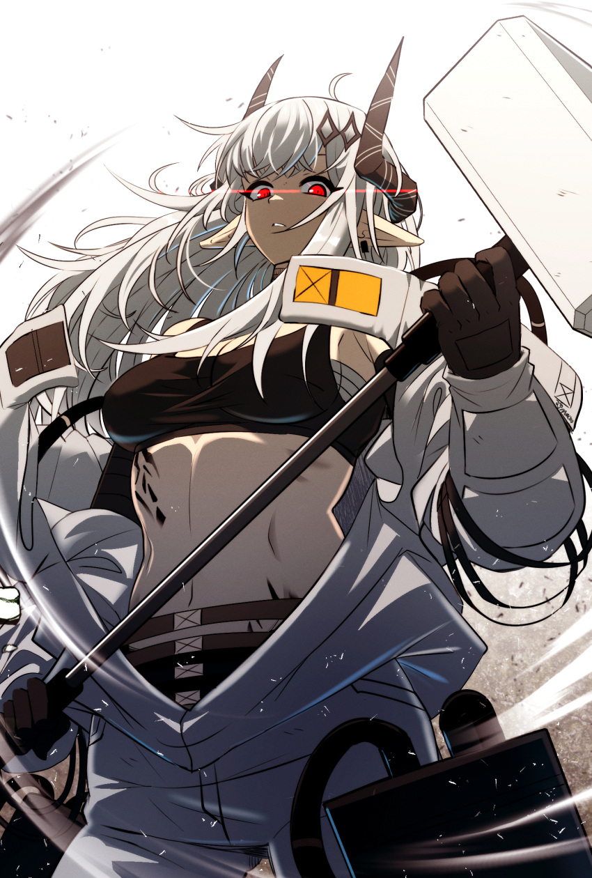 1girl arknights black_gloves breasts commentary cowboy_shot crop_top gloves hammer highres holding holding_hammer holding_weapon long_sleeves medium_breasts midriff mudrock_(arknights) mudrock_(elite_ii)_(arknights) navel off_shoulder revision samacho sarashi solo sports_bra standing stomach weapon white_background
