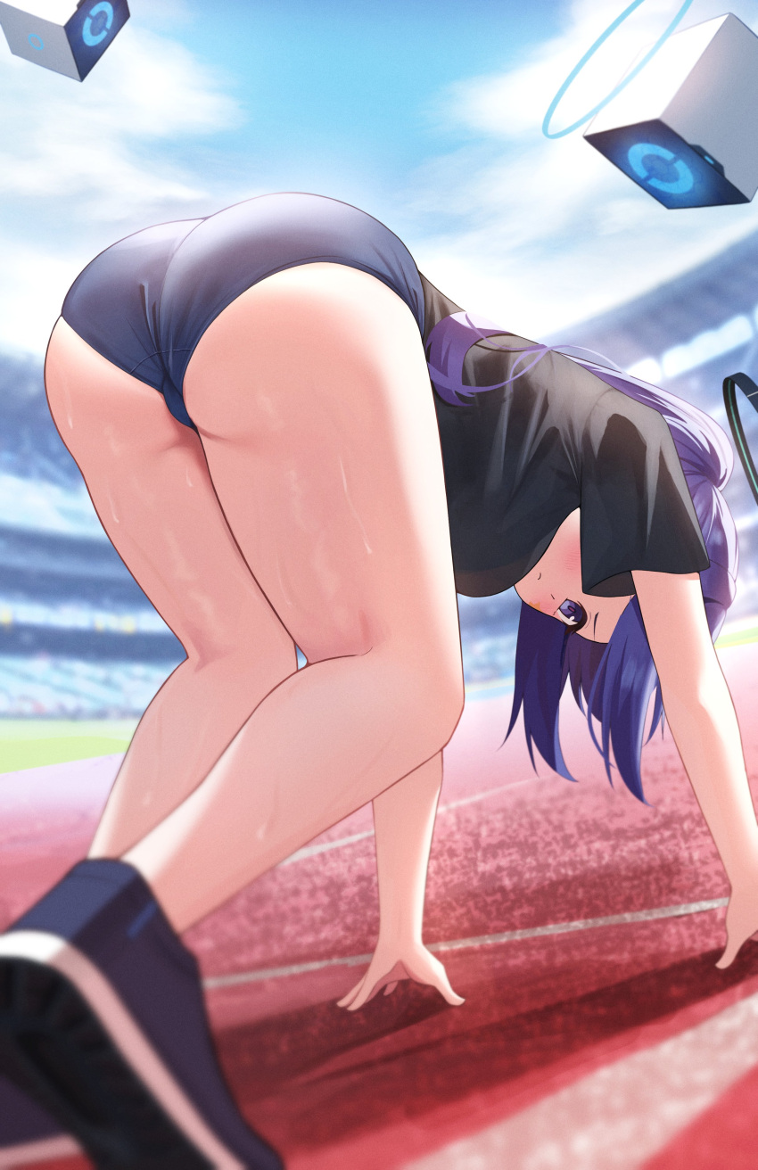 1girl absurdres ass ass_focus bare_legs black_shirt blue_archive blue_buruma buruma commentary halo highres legs official_alternate_costume ponytail purple_eyes purple_hair rahy running_track shirt shoes sneakers solo sweat track_and_field yuuka_(blue_archive) yuuka_(gym_uniform)_(blue_archive)