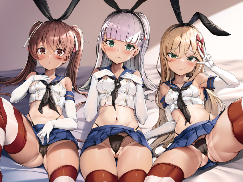 3girls absurdres anchor_hair_ornament animal_ears bed_sheet black_panties blonde_hair blue_sailor_collar blue_skirt blunt_bangs blush brown_eyes brown_hair buttons closed_mouth collarbone commentary_request cosplay detached_sleeves double-breasted embarrassed fake_animal_ears gloves grecale_(kancolle) green_eyes grey_hair hair_ornament hair_ribbon highres kantai_collection libeccio_(kancolle) long_hair looking_at_viewer lying maestrale_(kancolle) multiple_girls navel on_back open_mouth panties plaid plaid_skirt pleated_skirt rabbit_ears ribbon sailor_collar shimakaze_(kancolle) shimakaze_(kancolle)_(cosplay) side-seamed_gloves sitting skirt smile spread_legs striped striped_thighhighs thighhighs thighs thong torisan twintails underwear white_gloves