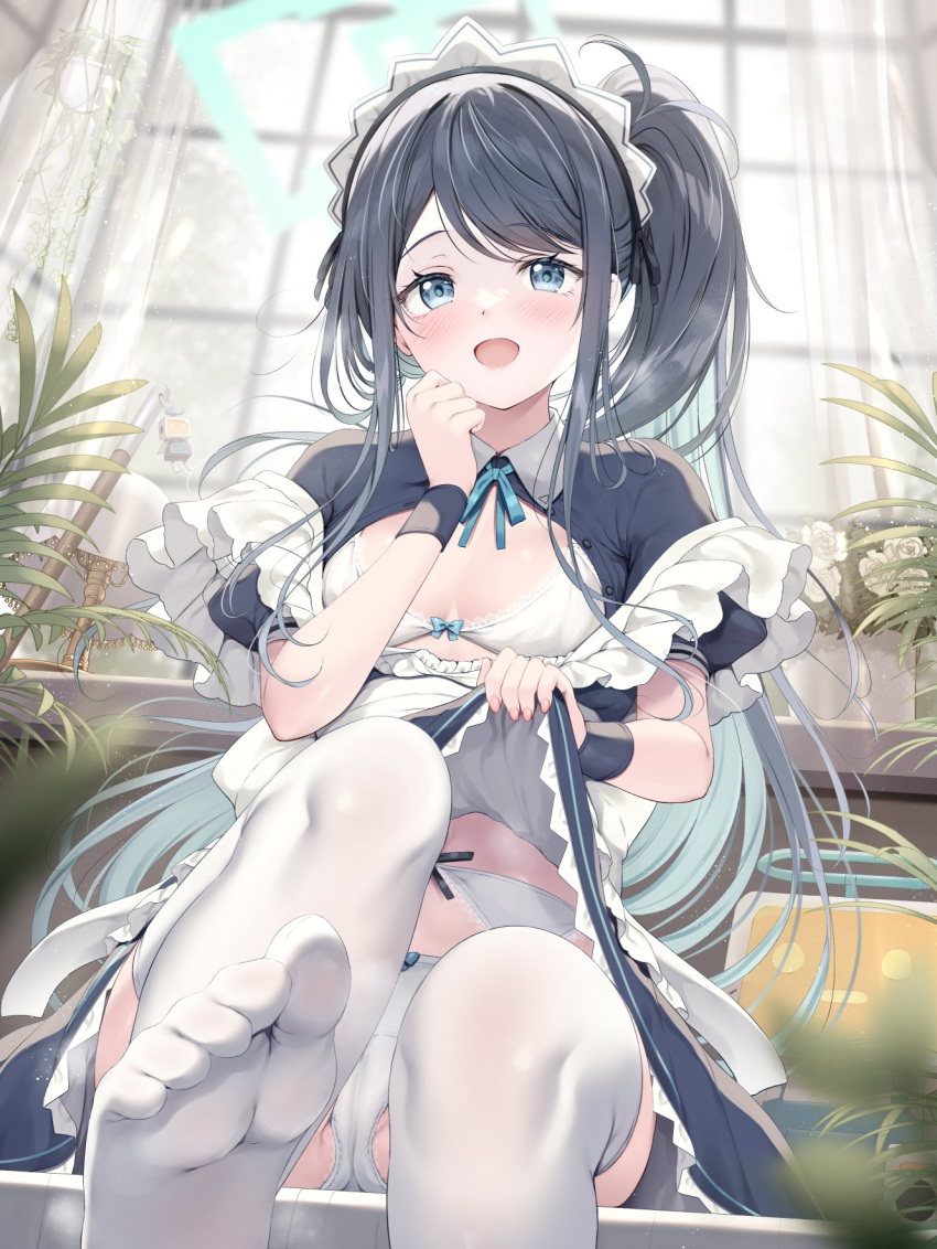 1girl absurdly_long_hair apron aris_(blue_archive) aris_(maid)_(blue_archive) black_hair blue_archive breasts clothes_lift feet foot_focus frilled_apron frills garter_belt green_halo halo hand_on_own_cheek hand_on_own_face hand_up highres lifted_by_self long_hair maid maid_headdress no_shoes off_shoulder official_alternate_costume one_side_up open_clothes open_mouth open_shirt panties pantyshot sitting skirt skirt_lift small_breasts tomoo_(tomo) underwear very_long_hair white_apron white_background white_panties wrist_cuffs