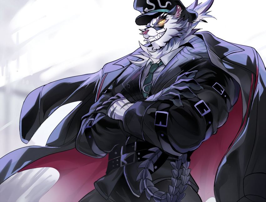 1boy animal_ears ao_(chung0u0) bara belt black_coat black_gloves black_headwear black_pants black_suit coat crossed_arms dislyte ear_piercing fangs furry furry_male gloves glowing glowing_eyes green_necktie hashtag_only_commentary highres jin_qiu_(ru_shou)_(dislyte) looking_at_viewer male_focus necktie pants piercing shirt smile standing strap suit sunglasses tiger_boy tiger_ears tiger_stripes whip white_background white_shirt yellow_eyes