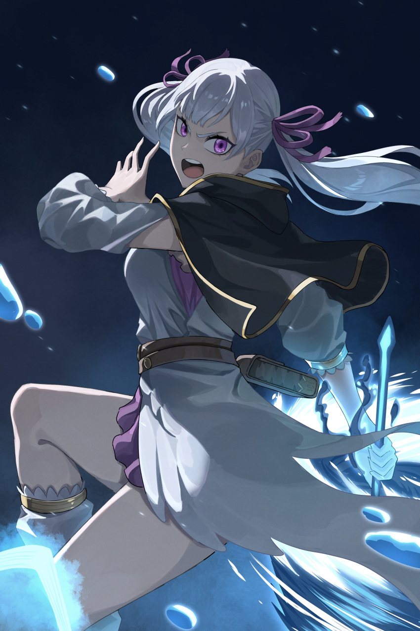 1girl absurdres black_clover dress hair_ribbon highres holding holding_wand long_hair looking_at_viewer noelle_silva open_mouth prayudi555 purple_eyes purple_ribbon ribbon solo twintails wand white_dress white_hair