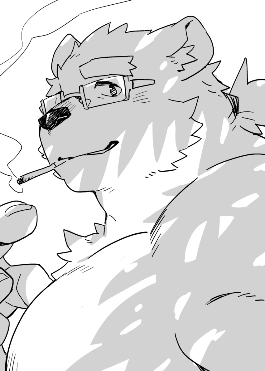 1boy animal_ears bara bear_boy bear_ears cigarette commentary furry furry_male glasses greyscale hand_up highres kuro_nezumi_inu leib_(housamo) looking_at_viewer low_ponytail male_focus mature_male monochrome muscular muscular_male parted_lips semi-rimless_eyewear simple_background smile smoke_trail smoking solo thick_eyebrows tokyo_afterschool_summoners tree_shade upper_body white_background