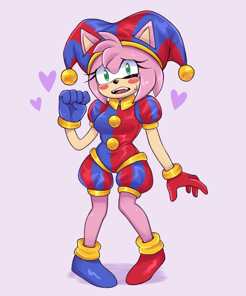 &lt;3 2023 5:6 amy_rose anthro artkett1412 bodily_fluids breasts clothing cosplay crossover crossover_cosplay eulipotyphlan eyelashes female fool's_hat footwear glistening glistening_clothing gloves green_eyes hair handwear hat headgear headwear hedgehog hi_res jester looking_at_viewer mammal pink_body pink_hair pomni_(the_amazing_digital_circus) sega shoes short_hair solo sonic_the_hedgehog_(series) sweat sweatdrop the_amazing_digital_circus