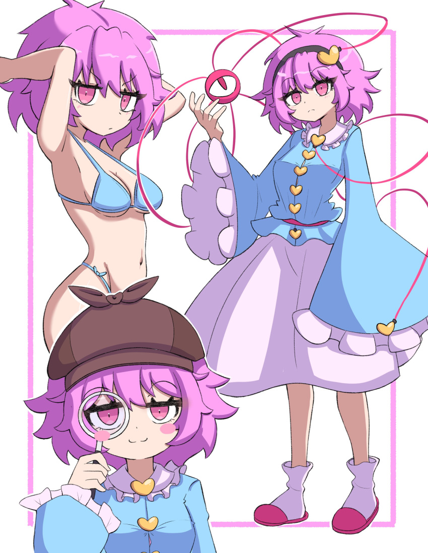 1girl absurdres bikini black_hairband blue_bikini blue_shirt border breasts brown_headwear cleavage commentary deerstalker english_commentary hairband hat heart highres komeiji_satori long_sleeves looking_at_viewer magnifying_glass messy_hair multiple_views pink_border pink_eyes pink_hair red_footwear shirt short_hair simple_background slippers smug_suriipi socks swimsuit third_eye touhou white_background white_socks wide_sleeves