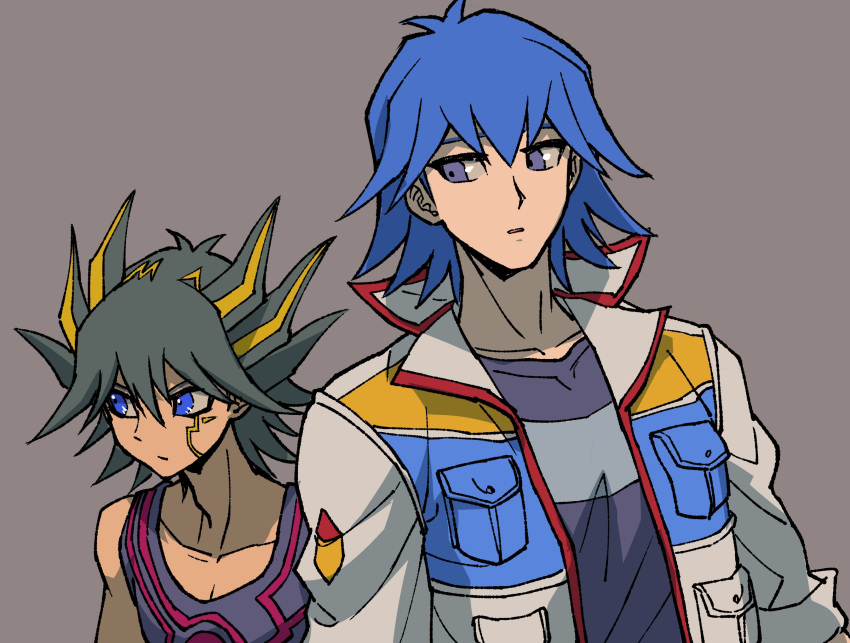 2boys black_hair black_tank_top blue_eyes blue_hair blue_shirt bruno_(yu-gi-oh!) facial_tattoo fudou_yuusei grey_background high_collar highres jacket looking_to_the_side male_focus multicolored_hair multiple_boys open_clothes open_jacket parted_lips shirt short_hair simple_background sleeves_rolled_up solo spiked_hair standing streaked_hair t-shirt tank_top tattoo youko-shima yu-gi-oh! yu-gi-oh!_5d's
