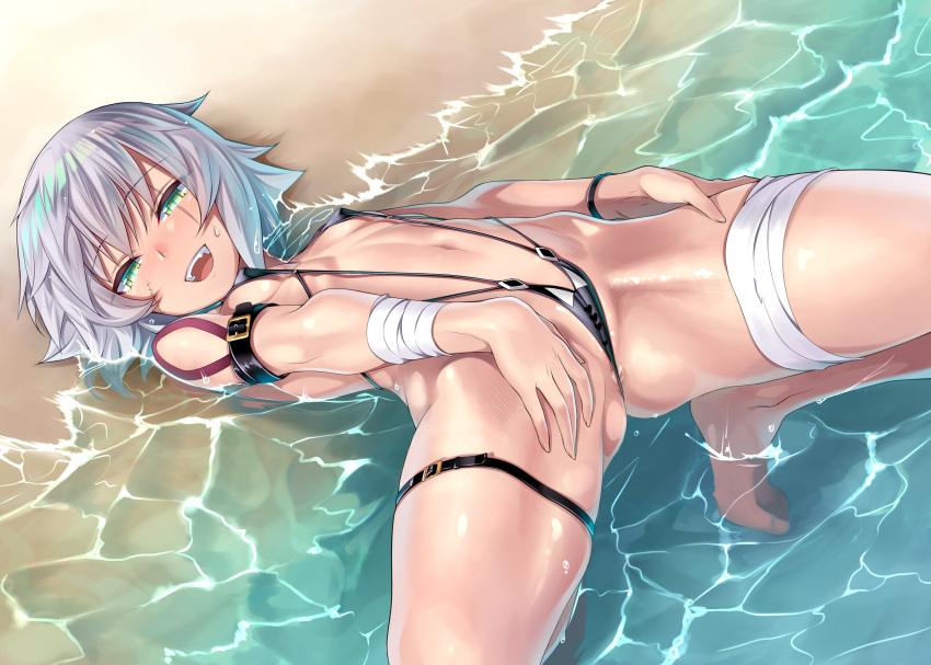 1girl absurdres ass bandaged_arm bandages beach bikini blush breasts day fate/apocrypha fate_(series) green_eyes grey_hair highres jack_the_ripper_(fate/apocrypha) looking_at_viewer navel open_mouth orochi_itto outdoors scar scar_across_eye scar_on_cheek scar_on_face short_hair shoulder_tattoo small_breasts smile solo spread_legs swimsuit tattoo thigh_strap water wet
