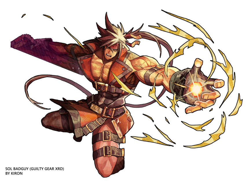 1boy absurdres bare_shoulders black_gloves brown_hair covered_abs fingerless_gloves forehead_protector gloves guilty_gear guilty_gear_xrd headband highres junkyard_dog_mk_iii long_hair looking_at_viewer male_focus muscular muscular_male open_mouth pants pectorals ponytail red_eyes red_pants sol_badguy spiked_hair subakeye very_long_hair