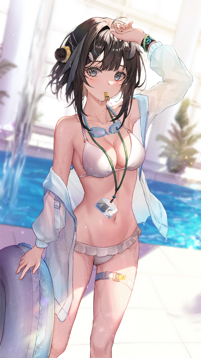 1girl arknights arm_up atychi bikini black_hair breasts cleavage feather_hair goggles goggles_around_neck hair_intakes hand_on_own_head highres holding holding_innertube id_card infection_monitor_(arknights) innertube jacket jacket_over_swimsuit la_pluma_(arknights) la_pluma_(summer_flowers)_(arknights) lanyard medium_breasts medium_hair mouth_hold off_shoulder official_alternate_costume open_clothes open_jacket pool see-through see-through_jacket swimsuit thigh_strap whistle white_bikini wing_hair_ornament