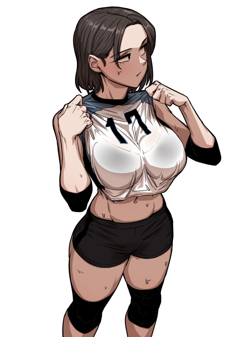 absurdres black_hair bra_visible_through_clothes breasts buruma elbow_pads gigle highres knee_pads large_breasts looking_to_the_side midriff original short_hair sportswear standing sweat volleyball_uniform white_background