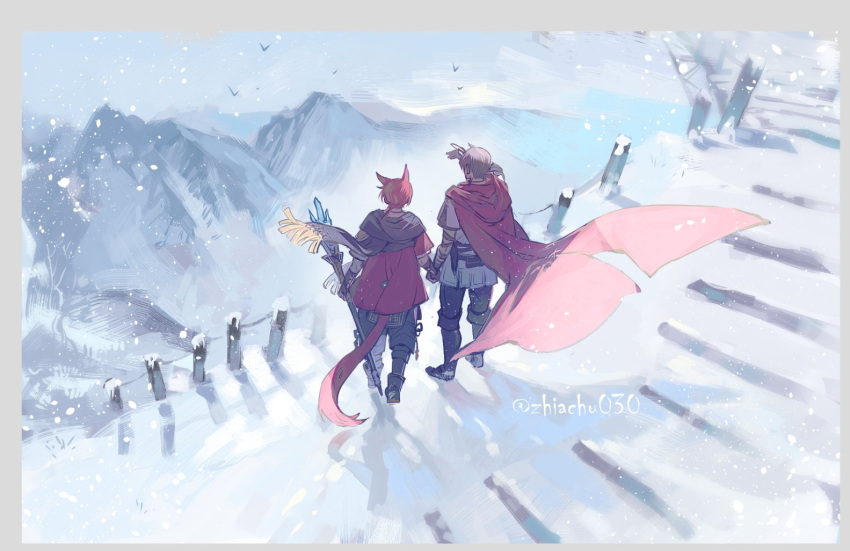 2boys adventurer_(ff14) animal_ears arm_wrap black_footwear black_pants blue_sky boots border brown_gloves brown_hair brown_scarf cape cat_boy cat_ears cat_tail day elbow_gloves facing_away final_fantasy final_fantasy_xiv fingerless_gloves floating_cape fringe_trim from_above g'raha_tia gloves grey_jacket hand_up holding holding_hands holding_staff hyur jacket jushenger knee_boots low_ponytail male_focus miqo'te mountain multiple_boys outdoors pants red_cape red_hair red_jacket scarf scenery short_hair short_ponytail sky snow snowing staff standing tail warrior_of_light_(ff14) wide_shot wind wooden_railing yaoi yellow_border