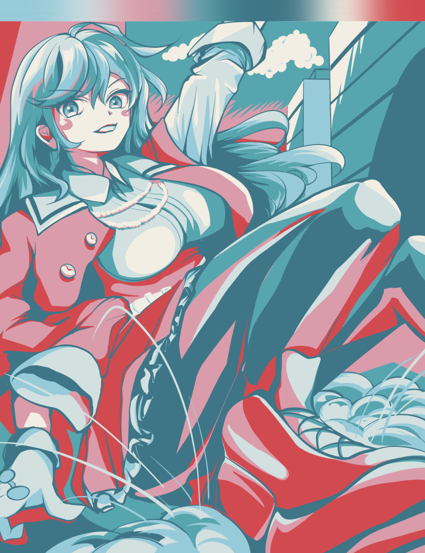 1girl absurdres ahoge aqua_eyes aqua_hair aqua_pantyhose aqua_sky arm_at_side arm_up assault_lily blush breasts buttons cloud collared_shirt color_guide commentary_request day floating_hair foot_out_of_frame frilled_skirt frills gloves grey_gloves grey_shirt grin hair_between_eyes high-waist_skirt highres jacket jacket_on_shoulders knees_up limited_palette long_hair looking_at_viewer medium_breasts miwada_rito nifu_(nixets) on_ground open_clothes open_jacket outdoors outstretched_arm pantyhose red_footwear red_jacket red_skirt school_uniform shirt shoes sitting skirt smile sneakers solo v-shaped_eyebrows