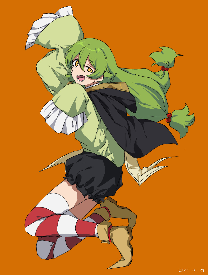 1girl absurdres arm_up black_cape black_shorts cape green_hair hand_up highres hood hood_down hooded_cape kfufu_(shy) long_hair long_sleeves low_twintails lower_teeth_only orange_background puffy_shorts red_thighhighs shoes shorts shy_(series) simple_background sleeves_past_fingers sleeves_past_wrists solo striped striped_thighhighs takatisakana teeth thighhighs tongue twintails white_thighhighs wide_sleeves