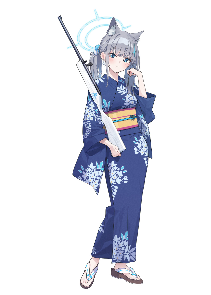 1girl absurdres animal_ear_fluff animal_ears assault_rifle baffu blue_archive blue_eyes blue_kimono blush closed_mouth cross cross_hair_ornament extra_ears floral_print grey_hair gun hair_ornament halo highres holding holding_gun holding_weapon inverted_cross japanese_clothes kimono long_hair long_sleeves looking_at_viewer mismatched_pupils print_kimono rifle sandals sash shiroko_(blue_archive) smile solo standing twintails weapon wide_sleeves wolf_ears yukata