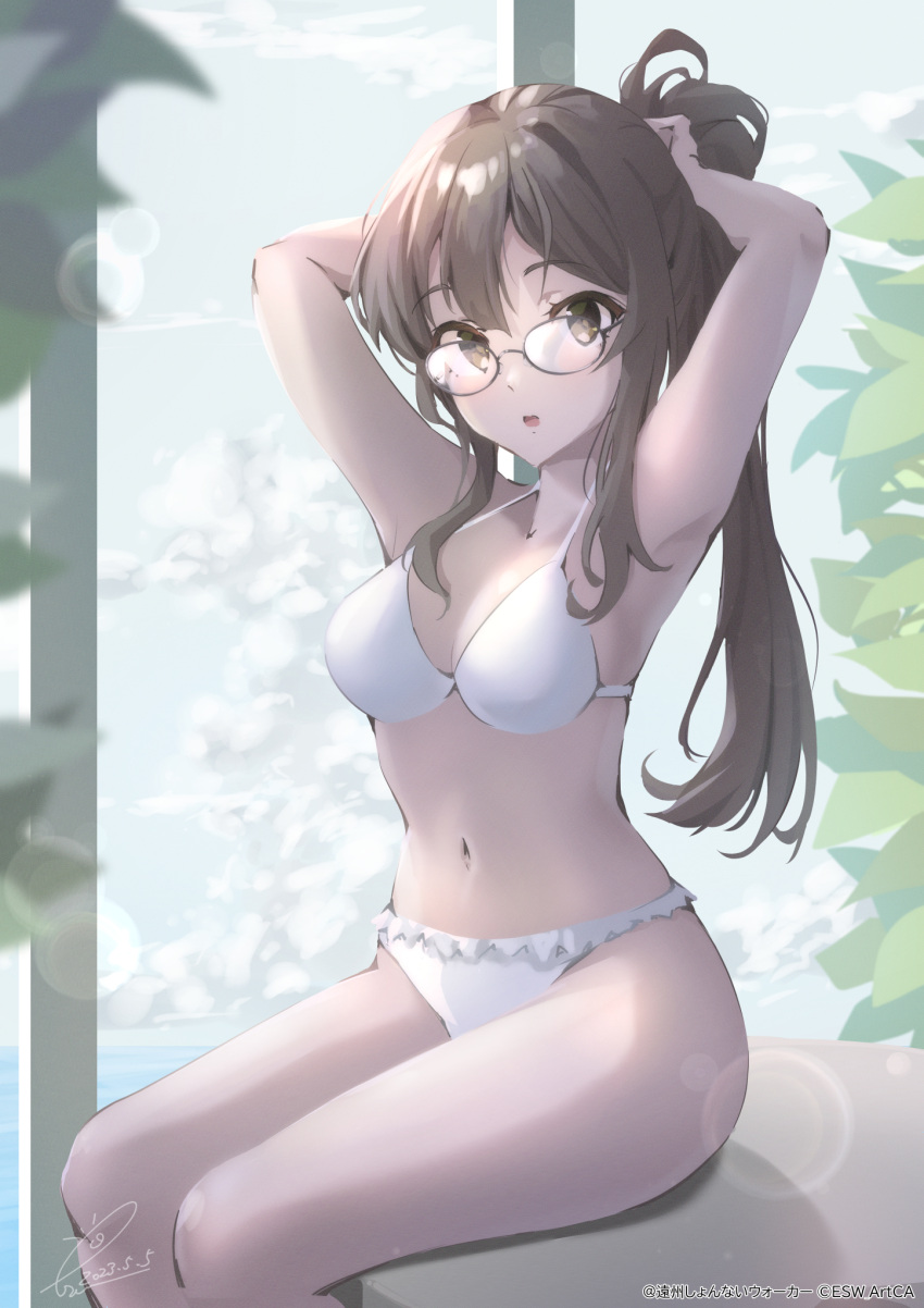 1girl arms_behind_head bikini breasts brown_eyes brown_hair commentary_request frilled_bikini frills futaba_rio glasses highres holding holding_hair medium_breasts navel ponytail raiz_art_works seishun_buta_yarou solo swimsuit white_bikini