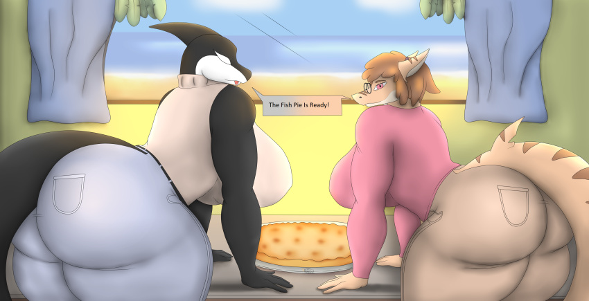 absurd_res anthro beach big_breasts big_butt bottomwear breasts butt cetacean clothed clothing curtains curtains_open dialogue dolphin duo eyewear female fish glasses hi_res looking_at_viewer looking_back mammal marine nanami_(void_dew) oceanic_dolphin orange_body orca pants photolol.03 pie_(food) pink_eyes seaside shark shirt t-shirt text thick_thighs tongue tongue_out toothed_whale topwear wide_hips window