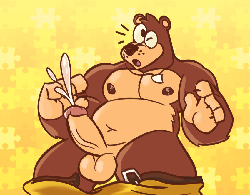 anthro balls banjo-kazooie banjo_(banjo-kazooie) bear belly belt_buckle big_balls big_penis bodily_fluids bottomwear bottomwear_down clothed clothing cum cumshot dizzysauce_nsfw ejaculation genital_fluids genitals humanoid_genitalia humanoid_penis male mammal muscular muscular_male navel nintendo nipples pants pants_down partially_clothed pecs penis rareware slightly_chubby solo thick_thighs toony