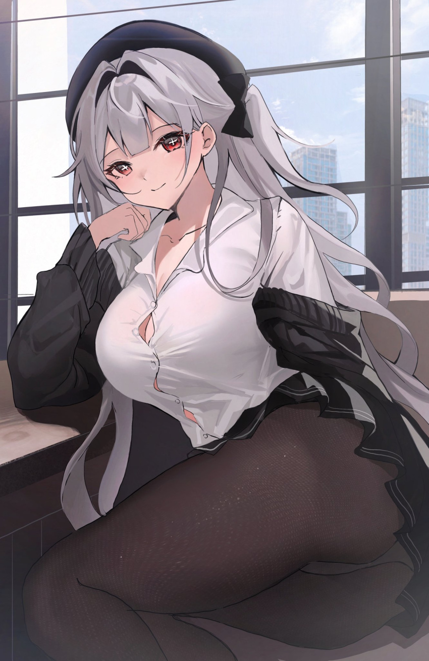 +_+ 1girl azur_lane beret black_bow black_headwear black_jacket black_pantyhose black_skirt bow breasts building cleavage closed_mouth collarbone collared_shirt cross-shaped_pupils hair_bow hair_intakes hat highres indoors jacket komuer large_breasts long_hair looking_at_viewer official_alternate_costume one_side_up panties panties_under_pantyhose pantyhose pleated_skirt red_eyes school_uniform scylla_(azur_lane) scylla_(femme_fatale_fresher)_(azur_lane) shirt skirt skyscraper smile solo symbol-shaped_pupils underwear white_panties white_shirt window