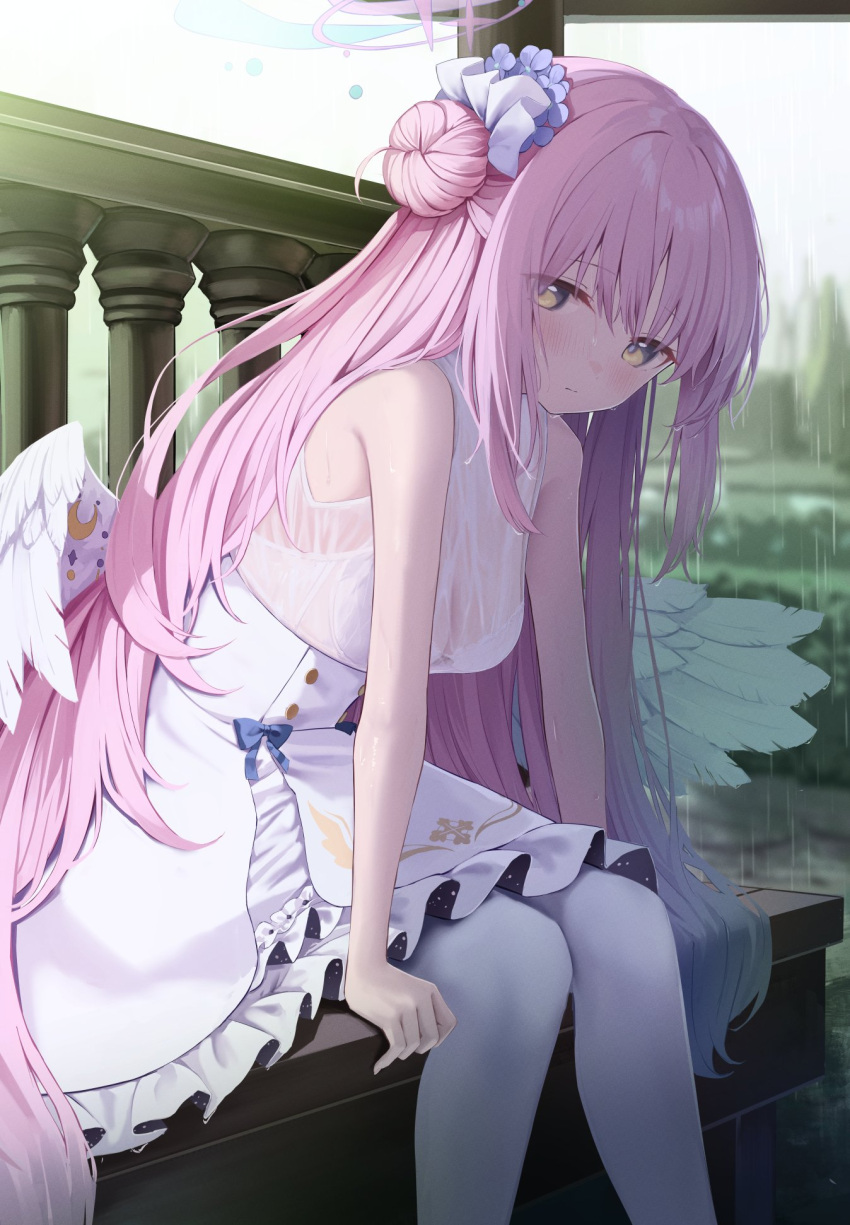 1girl angel_wings arm_support blue_archive bra dress feathered_wings hair_bun halo highres layered_skirt long_hair looking_to_the_side low_wings mika_(blue_archive) pink_hair pink_halo rain see-through see-through_shirt shirt single_side_bun sitting skirt sleeveless sleeveless_dress takashima_shoa underwear white_bra white_dress white_shirt white_wings wing_ornament wings