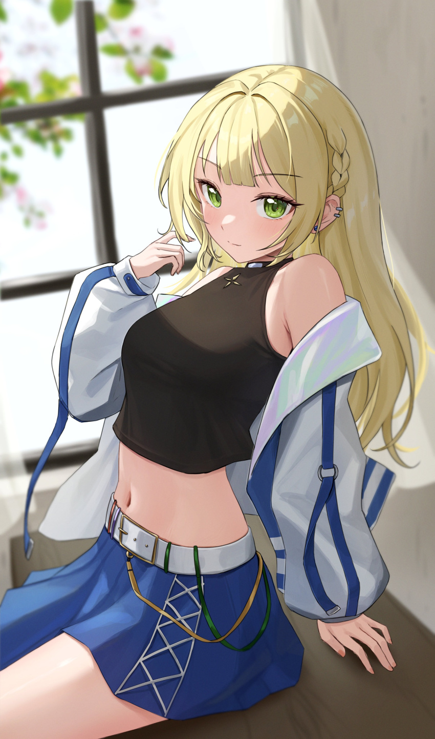 1girl absurdres arm_support bare_shoulders black_shirt blonde_hair blue_skirt braid closed_mouth commentary_request copyright_request crop_top day earrings green_eyes hand_up highres jacket jewelry korean_commentary light_smile long_hair long_sleeves looking_at_viewer midriff navel off_shoulder rinrasetsu shirt sidelocks sitting skirt solo stomach white_jacket