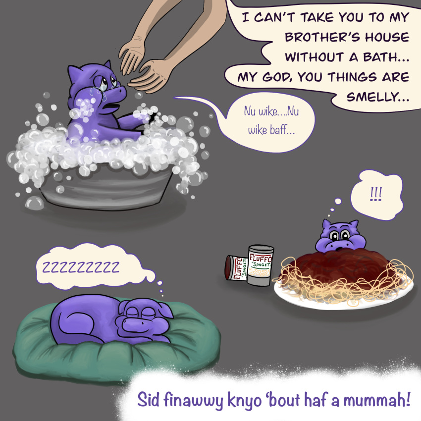 1:1 baby_talk bath bubble can container cuddlybloodily dialogue duo english_text female feral fluffy_pony fluffy_pony_(species) food fur hi_res human male mammal metal_pot mostly_offscreen_character pasta pillow plate purple_body purple_fur simple_background sleeping spaghetti text