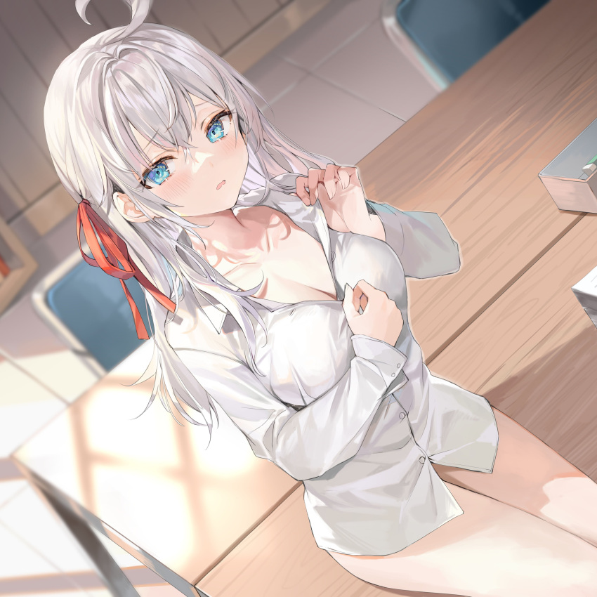 absurdres blue_eyes breasts desk hair_ribbon highres large_breasts long_hair looking_at_viewer momoko_(momopoco) on_desk red_ribbon ribbon shirt sitting sitting_on_desk thighs tokidoki_bosotto_roshia-go_de_dereru_tonari_no_arya-san white_hair white_shirt