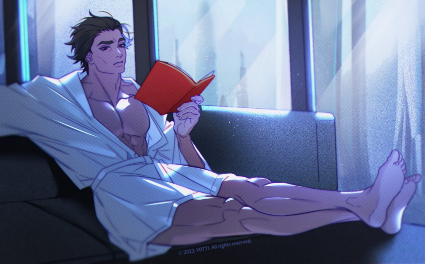 1boy after_bathing alternate_costume bara bare_pectorals book brown_hair cityscape couch dark-skinned_male dark_skin full_body hair_slicked_back highres holding holding_book male_focus marvel mature_male miguel_o'hara moonlight muscular muscular_male night night_sky no_nipples on_couch outstretched_legs pectorals reading red_eyes robe short_hair sitting sky solo spider-man:_across_the_spider-verse spider-man_(series) spider-verse thick_eyebrows white_robe yotti